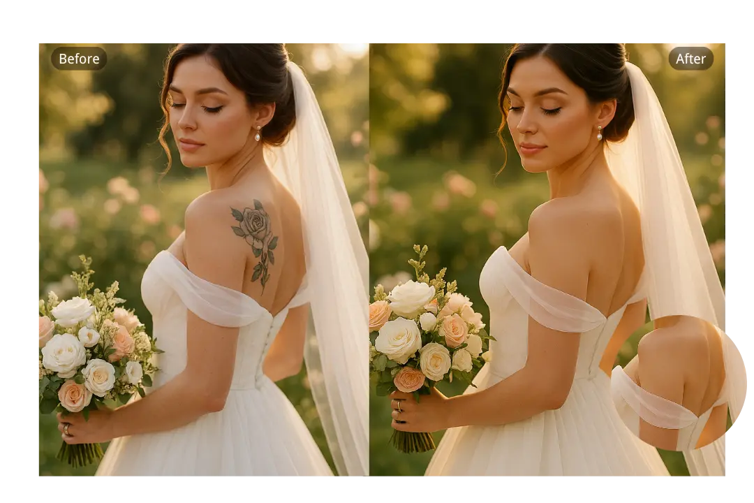Eliminación de tatuajes con IA y restauración de piel perfecta para fotos de boda