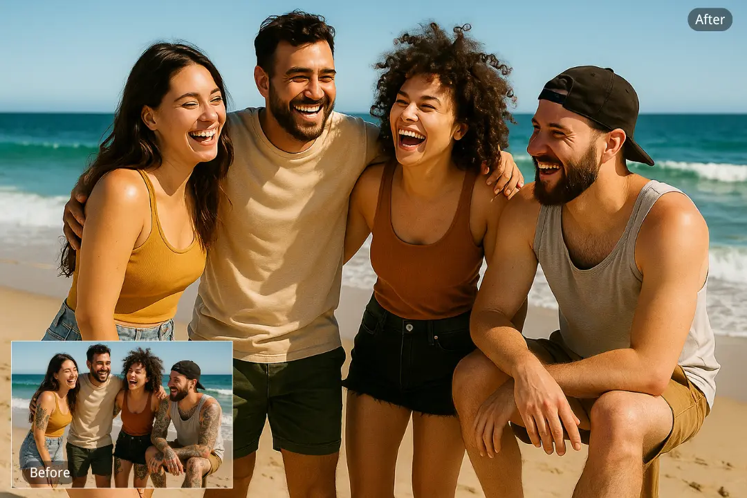 Eliminador de tatuajes para fotos grupales de vacaciones con múltiples personas