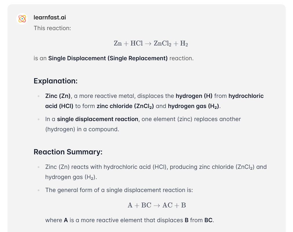 Identify Reaction Type: Zn + HCl → ZnCl₂ + H₂