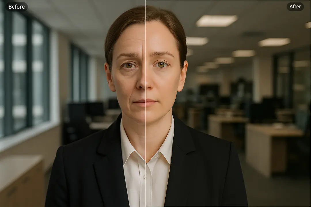 AI Wrinkle Removal as Face Editor for Natural Forehead Line Smoothing in Corporate Visuals