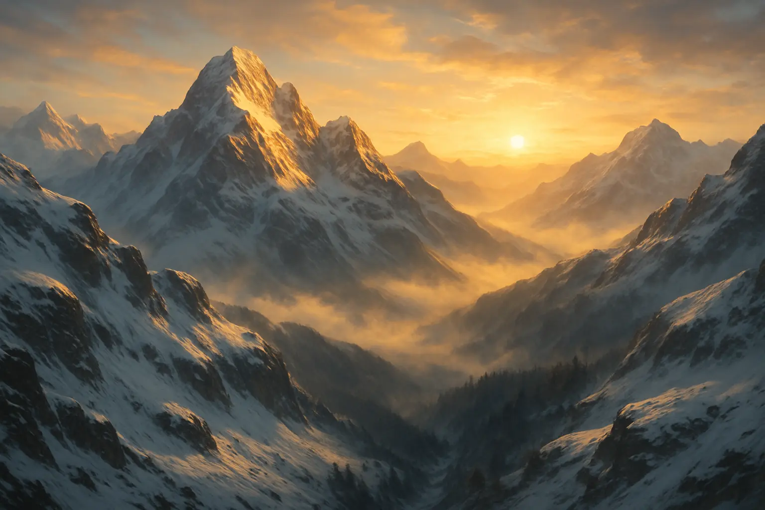 Fotografía Fotorrealista de un Amanecer en las Montañas