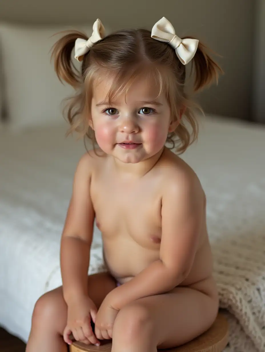 Adorable little girl, short hair, bows. Shiny bare skin.  Sitting on a stool in her bedroom. Bare skinny legs visible. She has a shy smile.