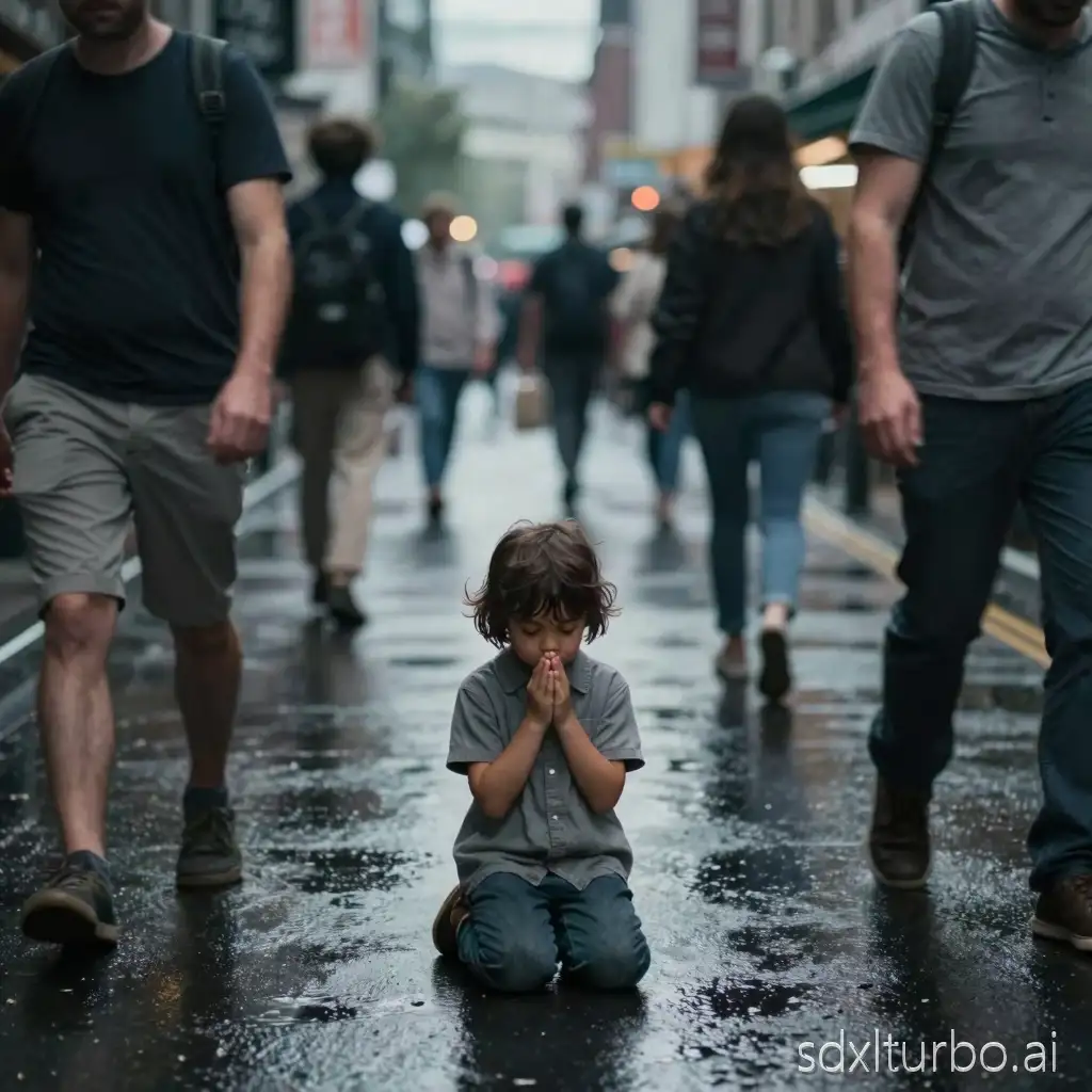 Wide shot of a small child kneeling and praying with hands clasped in the middle of a busy urban street, people walking around and past them in blur, the child looks tiny and contemplative amid the crowd, rainy evening, wet pavement reflections, cinematic atmosphere, moody gray tones, slight motion blur on pedestrians, dreamy surreal vibe, high detail, photorealistic, --ar 16:9 --v 5 --q 2