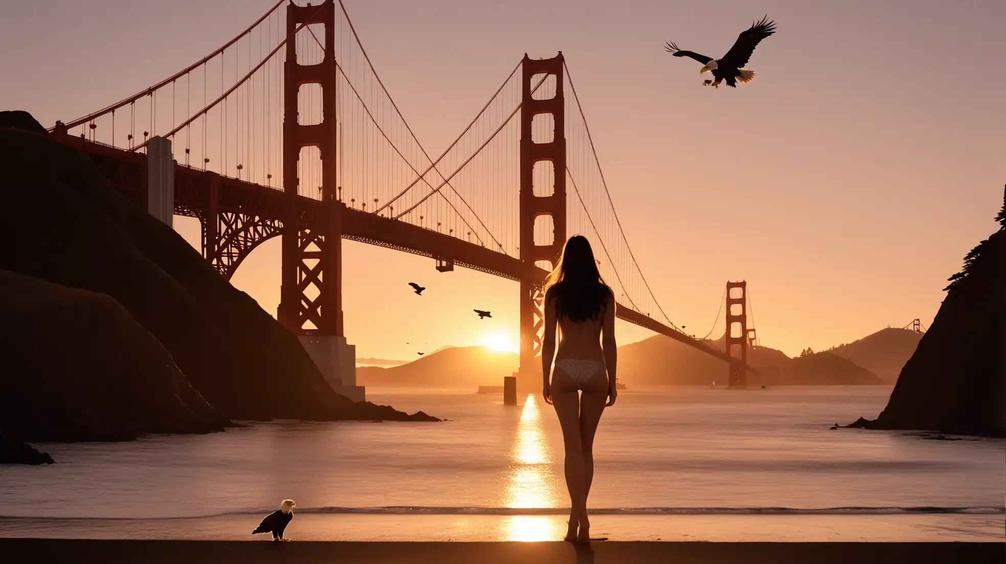 A lightly dressed woman stands in front of the Hotel Astoria, behind the Golden Gate Bridge, sunset, eagles circling