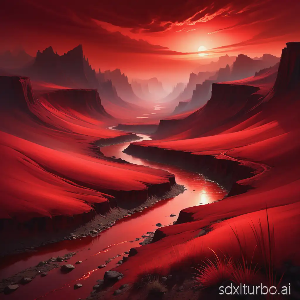 A dramatic natural landscape in rich red tones, expressing deep emotion and longing. Warm glowing horizons or red-tinted valleys with flowing atmospheric shapes.