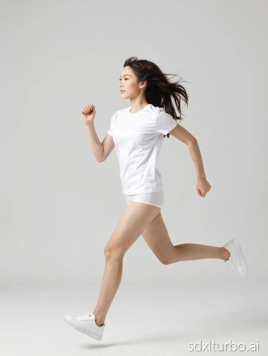 A woman in white T-shirt running, white underwear faintly visible