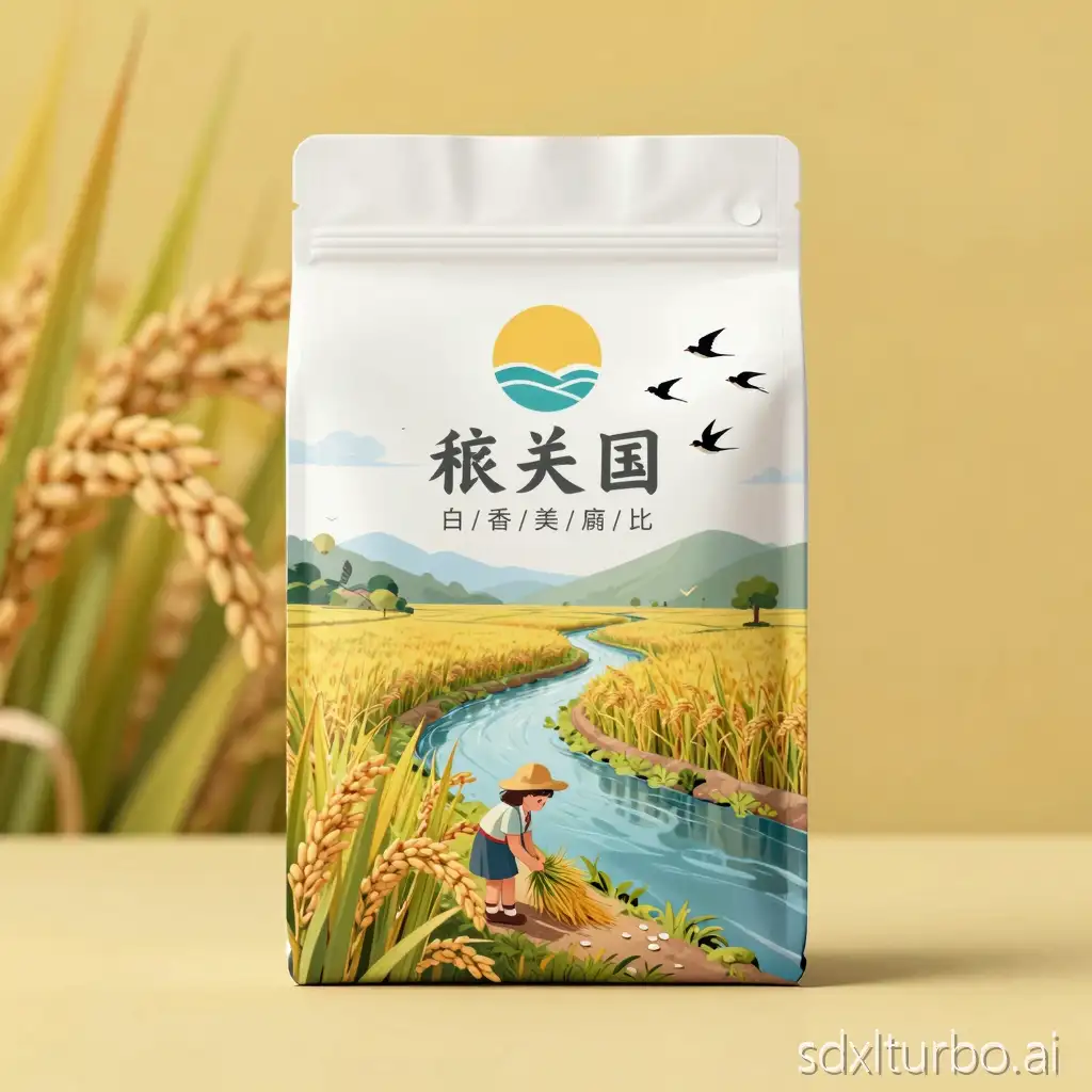 Please design a rice packaging for me, featuring a peaceful logo, a ripe rice field, a girl harvesting, a clear river, the sky, and three swallows flying.
