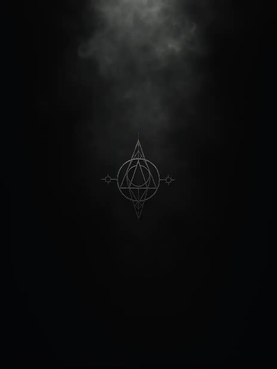 Dark mythic atmosphere, cinematic low-key lighting, deep shadow composition. The background is pure black darkness with faint drifting mist, creating a mysterious void. No figures or environments, only darkness and subtle depth.

In the centre sits a sigil symbol drawn in organic sacred geometry linework inspired by ancient tattoo markings. The sigil is extremely subtle, rendered in dark charcoal grey on black, very low contrast so it is only just visible in the darkness.

Minimal composition with the sigil emerging quietly from shadow. Nearly monochrome palette of deep black and charcoal tones. Strong chiaroscuro lighting with extremely restrained highlights. The feeling is mysterious, introspective, psychological, and timeless.