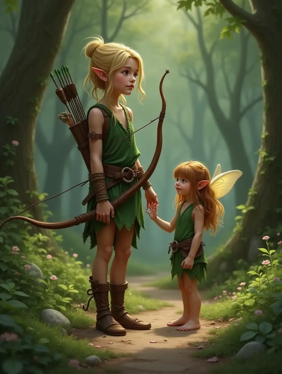 A slender little Elven girl, shiny bare skin, in a green leather jerkin with a quiver and bow. Standing on a forest path. A little Fairy girl is standing beside her.