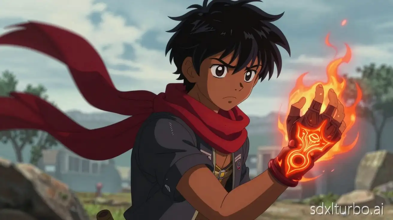 Arul, a 17-year-old Tamil anime boy, brown skin, messy black hair, expressive dark eyes, slim athletic build, red scarf flowing in the wind, worn dark jacket with subtle futuristic details, fingerless gloves, determined but emotional expression, glowing ancient fire relic attached to his wrist, red-orange fire energy around his hand, rural sci-fi Tamil background, cinematic anime style, ultra detailed, dramatic lighting, expressive eyes, clean line art, high detail costume design, dynamic composition, Tamil cyberpunk fantasy aesthetic