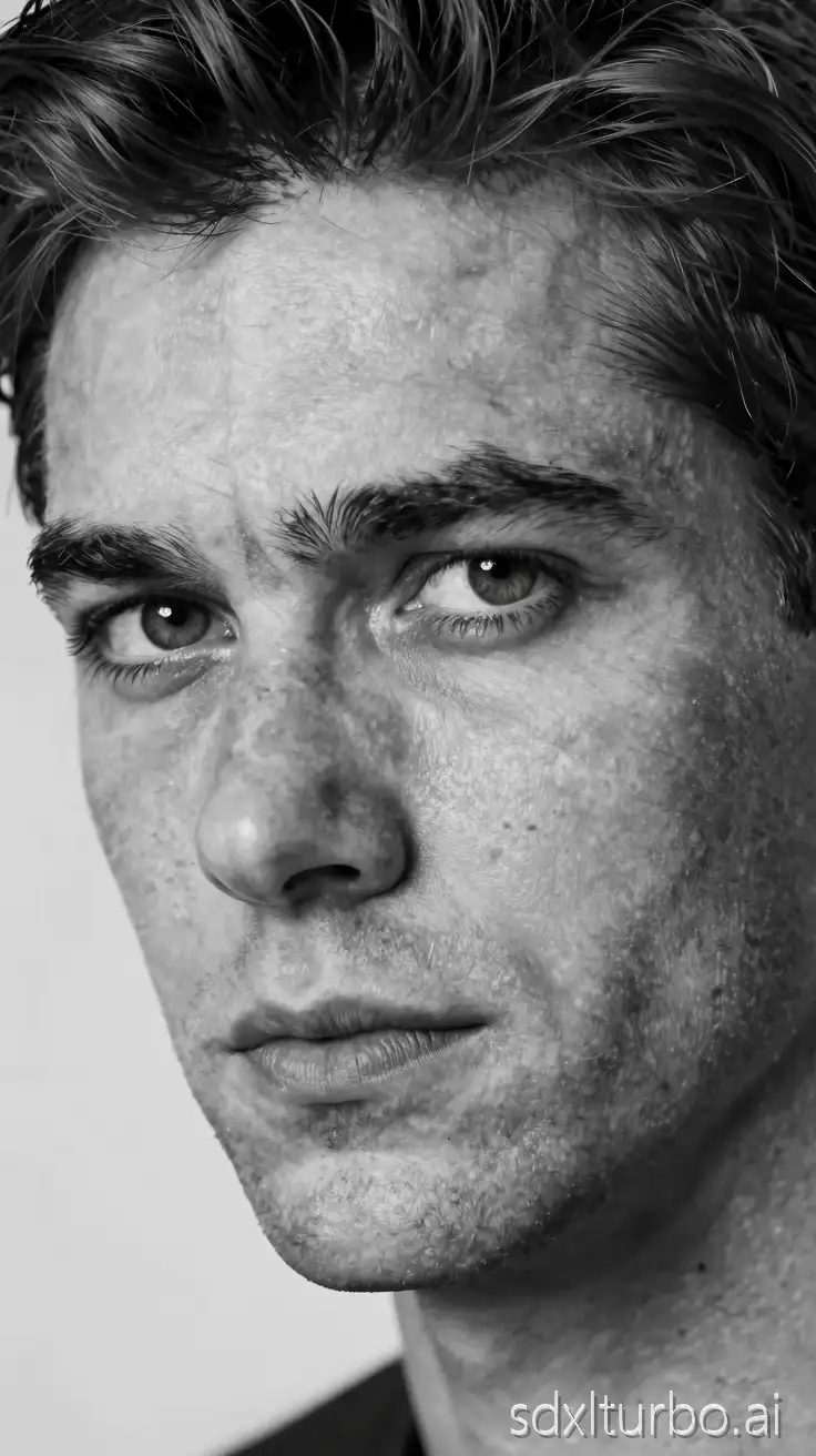 Ultra realistic black and white close-up portrait of a Lightskin male, 45 degree angle, eyes open, intense direct eye contact with the camera. Slightly lowered chin, strong but calm expression. Defined jawline, prominent nose, thick dark eyebrows, deep round eyes, slightly messy wavy dark hair. Dramatic top side lighting creating sculpted shadows under the eyes and nose, strong contrast, cinematic depth. detailed skin texture with visible pores, subtle scars, uneven skin tone, natural shine on skin, light stubble imperfections, asymmetry with a smal cut on his chin