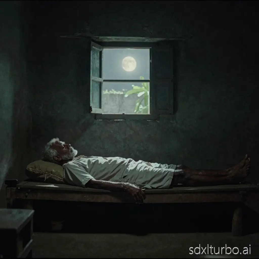 old Tamil man lying awake on a wooden cot inside a dark rural house, moonlight through small window, dust in air, static wide composition, slow cinema still, cinematic realism, soft contrast, lifted blacks, muted palette, Kodak 2383 film look, cool green shadows, 35mm film grain, imperfect realism, melancholic stillness