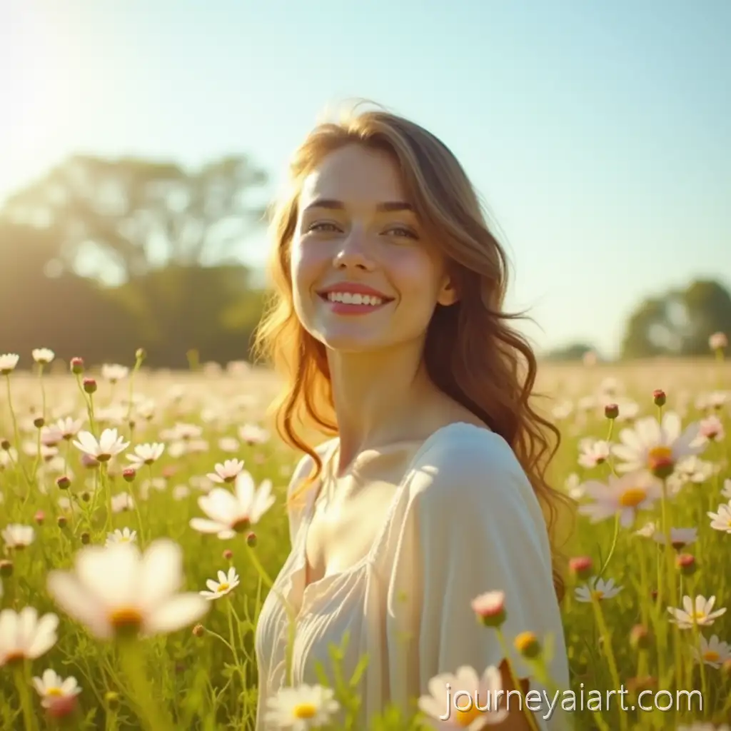 Young-Woman-in-Cosmos-Field-Filming-Live-Video-on-a-Sunny-Day