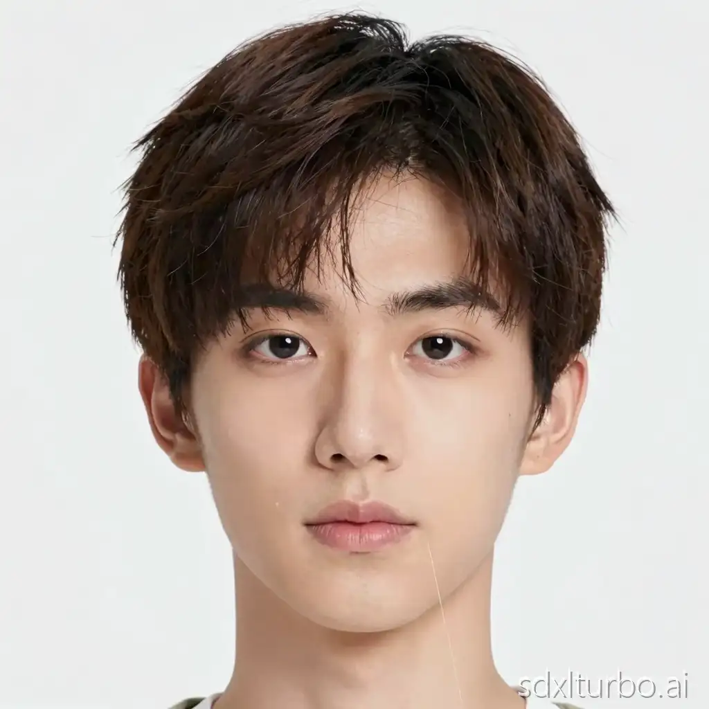 A 28-year-old male, with deep-set brow bones, mixed Chinese-Russian appearance biased towards Chinese features, well-proportioned facial features, dark brown fluffy hair, three-seven parting bangs, hair ends reaching the neck, fair complexion, lips thin as fresh snow, black pupil eyes, beautiful egg-shaped face, long眼角, peach blossom eyes, high and straight nose bridge, small nostrils, M-shaped lip type, clear jawline
