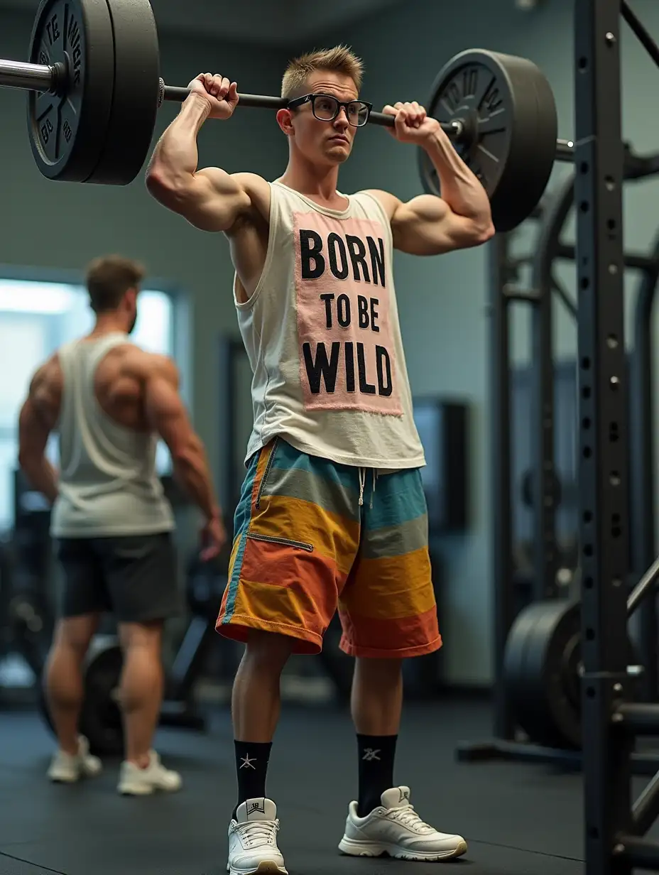 a nerdly and skinny man with no muscles and super skinny arms is working out at a gym.  He's wearing baggy colorful shorts, a muscle shirt with the words Born To Be Wild printed on the front.  he's also wearing floppy black socks, and white tennis shoes.  He's wearing oversized glasses.  He is lifting a barbell set of weights over his head.  The weights are low in weight.  He's sweating profusely with drops of sweat streaming down his forehead.  One other gym member is standing around in gym gear, watching him lift the barbell.