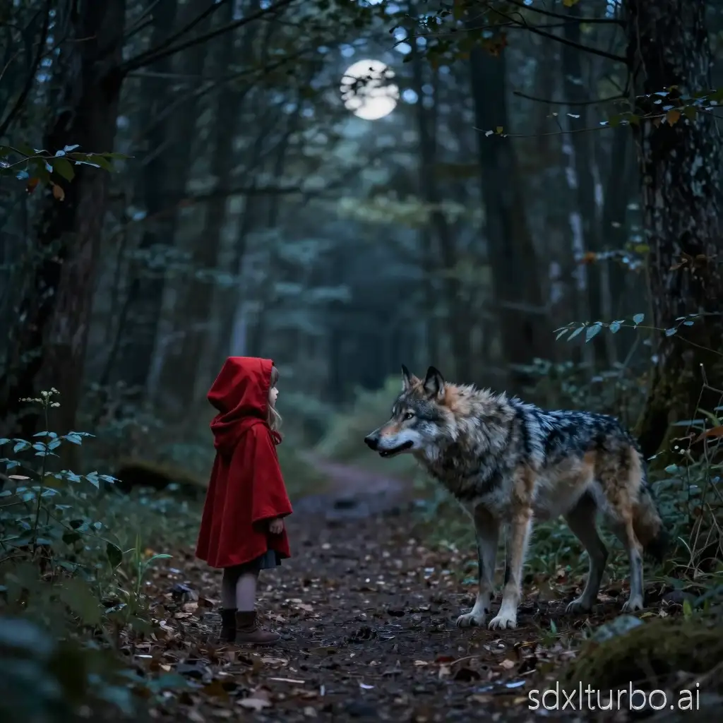 Night, a path in the forest, little red riding hood and the wolf