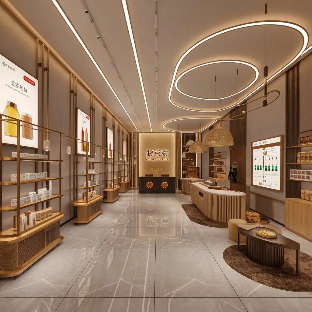(masterpiece, best quality, ultra-detailed, 8K, photorealistic, professional interior rendering), brand experience store interior design, panoramic wide-angle view, open-plan layout, efficacy traceability area with test report wall and VR beehive experience equipment, trendy wellness area with black ginseng honey mixing bar and Chinese-style check-in backdrop, central customer circulation path, modern minimalist with new Chinese luxury style, warm ambient lighting, brass metal shelving, large product posters on walls, polished grey marble flooring, curved LED ceiling strips, wooden furniture, clean and elegant space, commercial interior photography, wide aspect ratio 16:9
