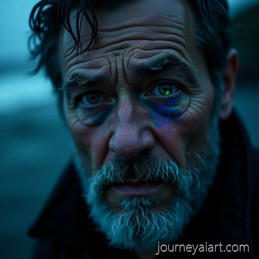 Extreme-CloseUp-of-Rugged-MiddleAged-Man-in-Shock-by-Stormy-Ocean-at-Blue-Hour