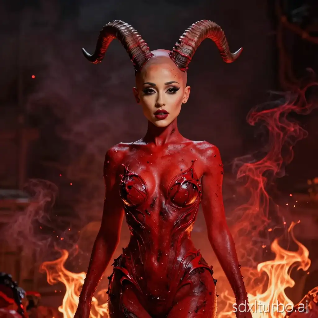 Female body, bald head, Ariana Grande, red skin, demon style, goat horns, hourglass shape, fire, red smoke, scary, horror, hyper realistic, super detailed, beautiful, photorealistic, photography, cinematic lighting