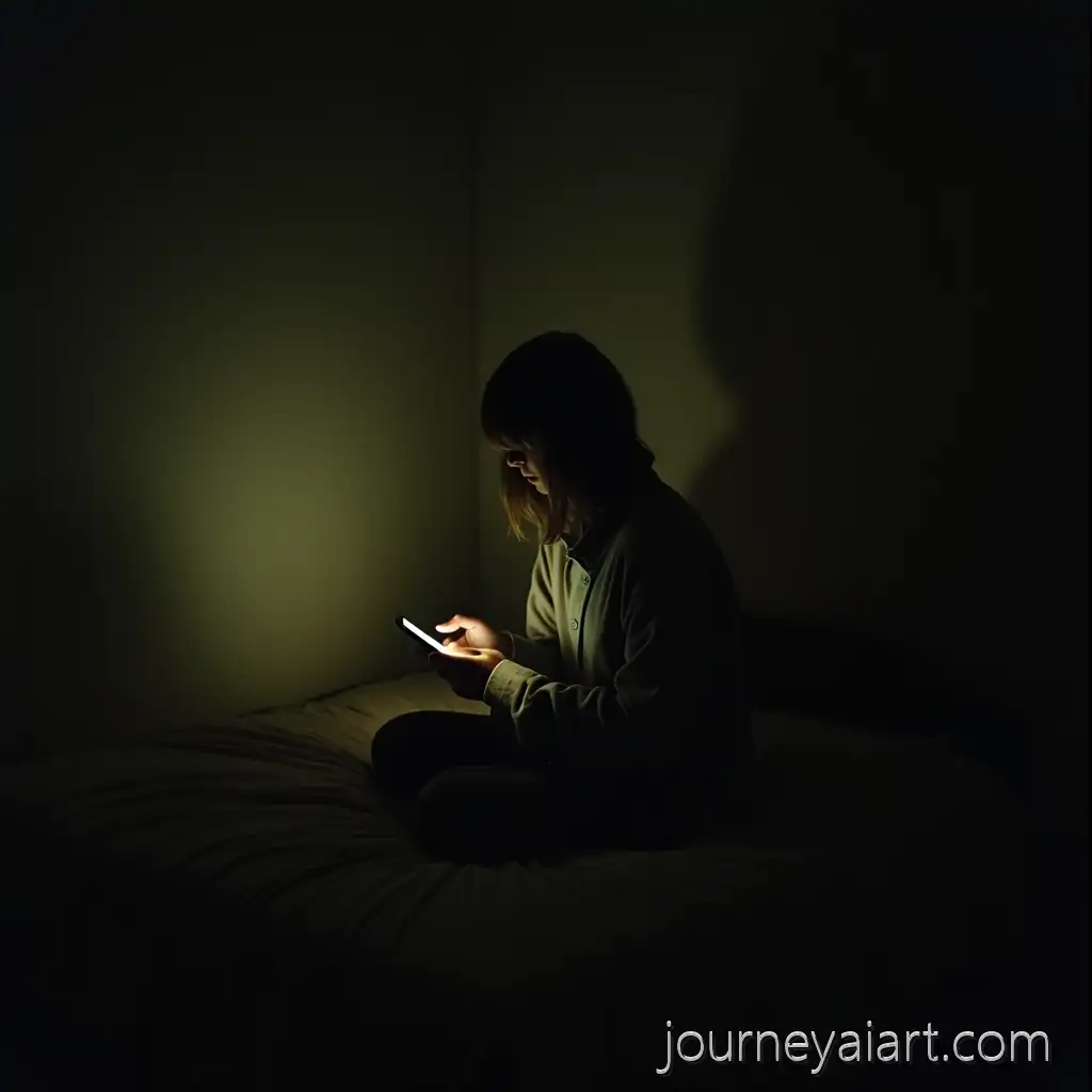 Person-SittingUnsettling-Bedroom-at-Night-on-Bed-Holding-Glowing-Smartphone-in-Dimly-Lit-Bedroom-at-Night