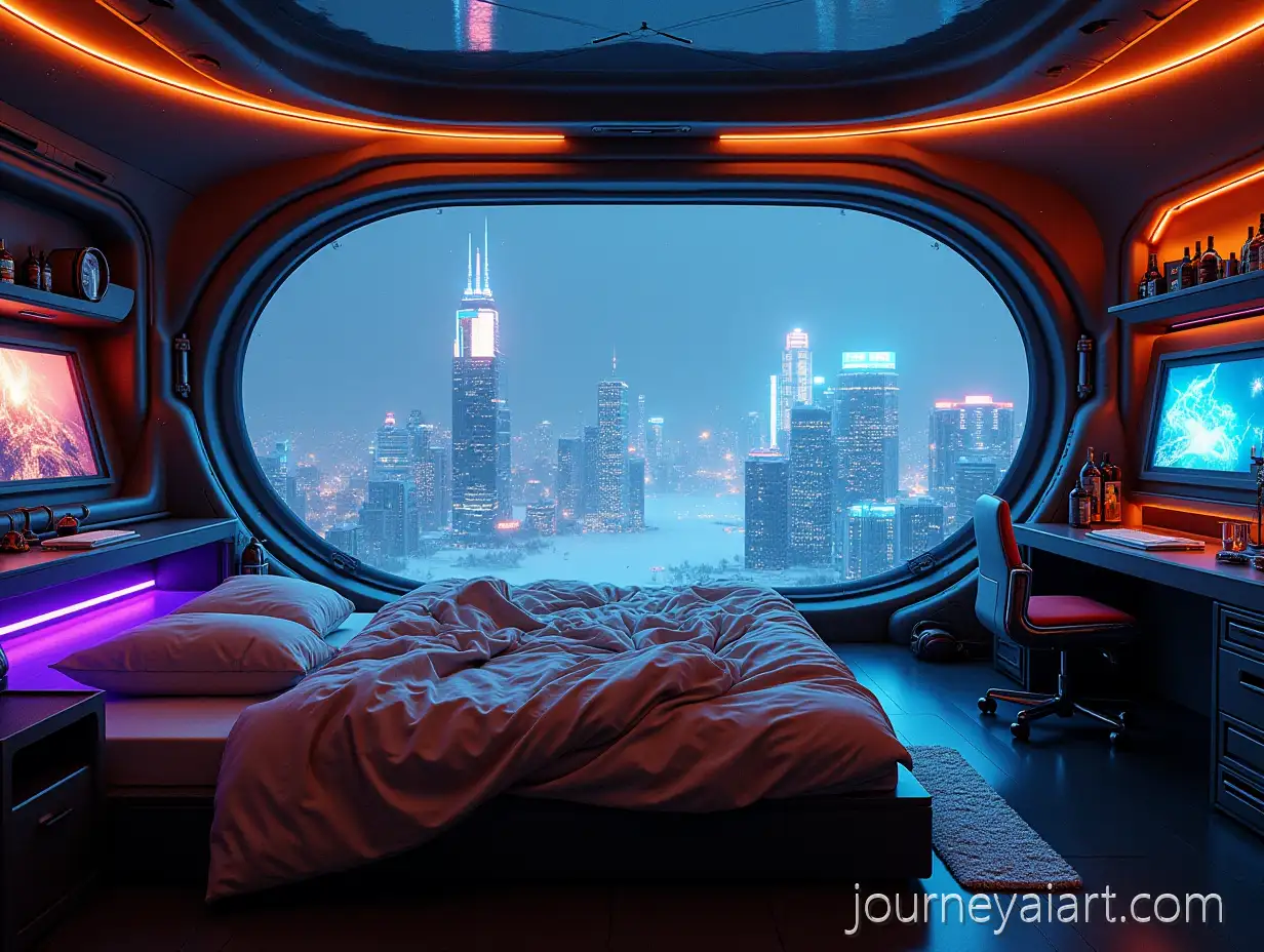 Futuristic-Cyberpunk-Bedroom-with-Panoramic-City-View-and-Snowfall