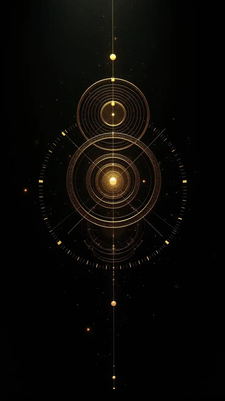 Abstract geometric structure resembling an ancient energy instrument, ultra-thin gold line geometry arranged with mathematical precision, concentric rings, radial lines, and alignment points, suspended in deep black space, subdued lighting, particulate gold dust, calm and grounded atmosphere, high realism, cinematic depth, no mysticism clichés, no symbols, no chakras, no text