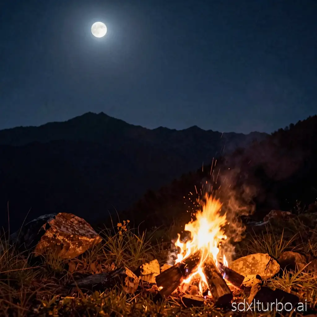 Nighttime mountain landscape with a small cozy campfire in the foreground, warm orange firelight, rocks and grass around the fire, dark mountain silhouettes in the distance, clear starry sky, bright full moon, peaceful and cinematic atmosphere.