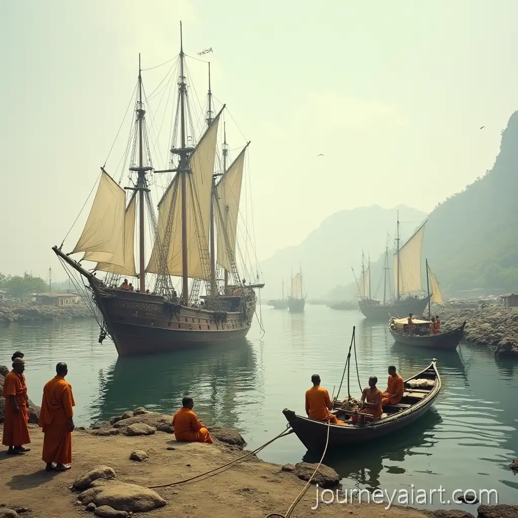 Monks-at-a-Port-Surrounded-by-Chinese-and-Malay-Ships-and-Boats