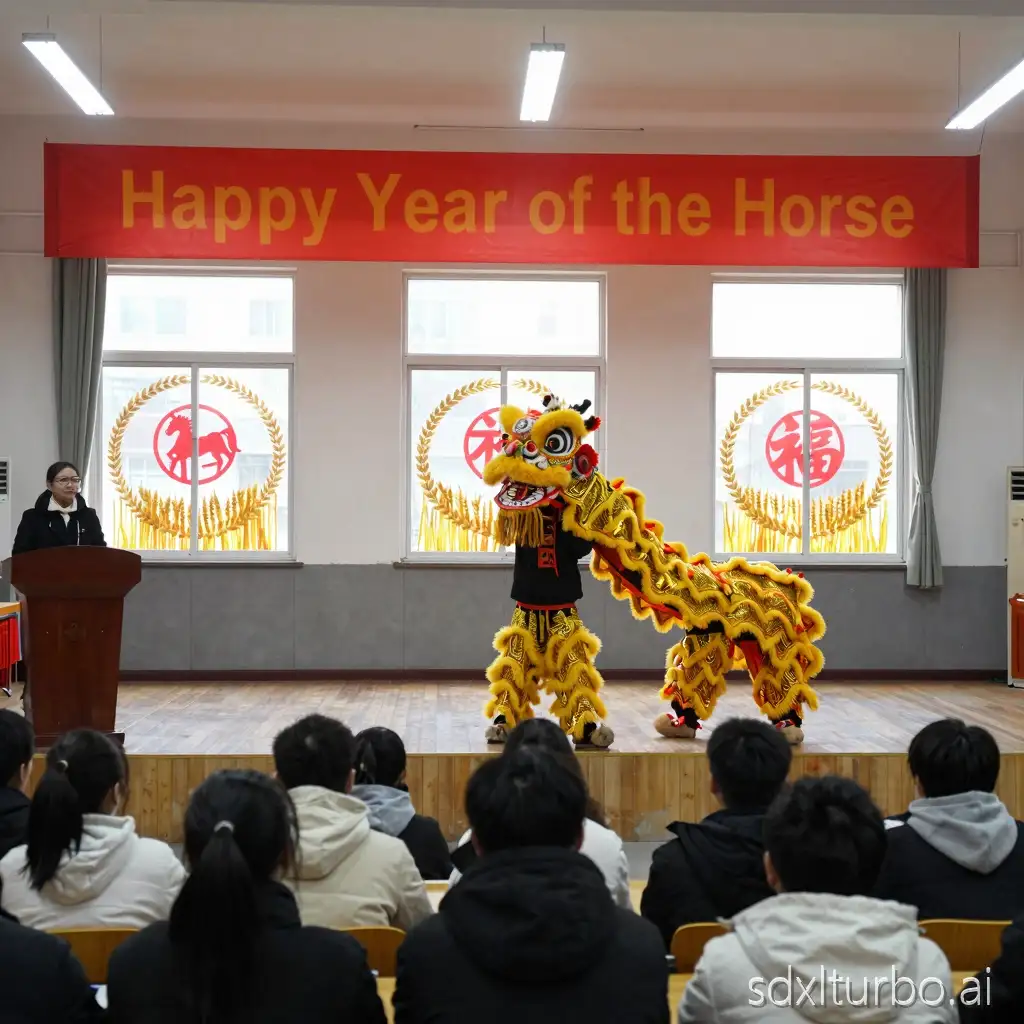 In a school auditorium, a dragon and lion dance performance is taking place on stage, with a banner hanging from the ceiling reading 'Happy Year of the Horse', and teachers and students are watching from the audience. The windows of the auditorium are decorated with window decorations featuring wheat arranged in a circle, with a horse and the character 'fu' combined in the center.