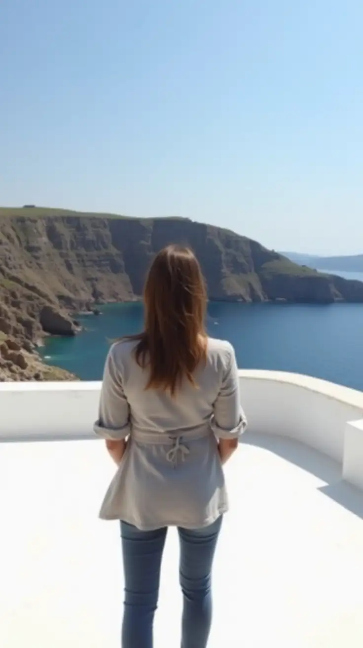 The image shows a person from behind, standing on what looks like a bright, white terrace or balcony overlooking a coastal landscape. The sea is visible in the background along with rocky cliffs, suggesting a scenic seaside location.