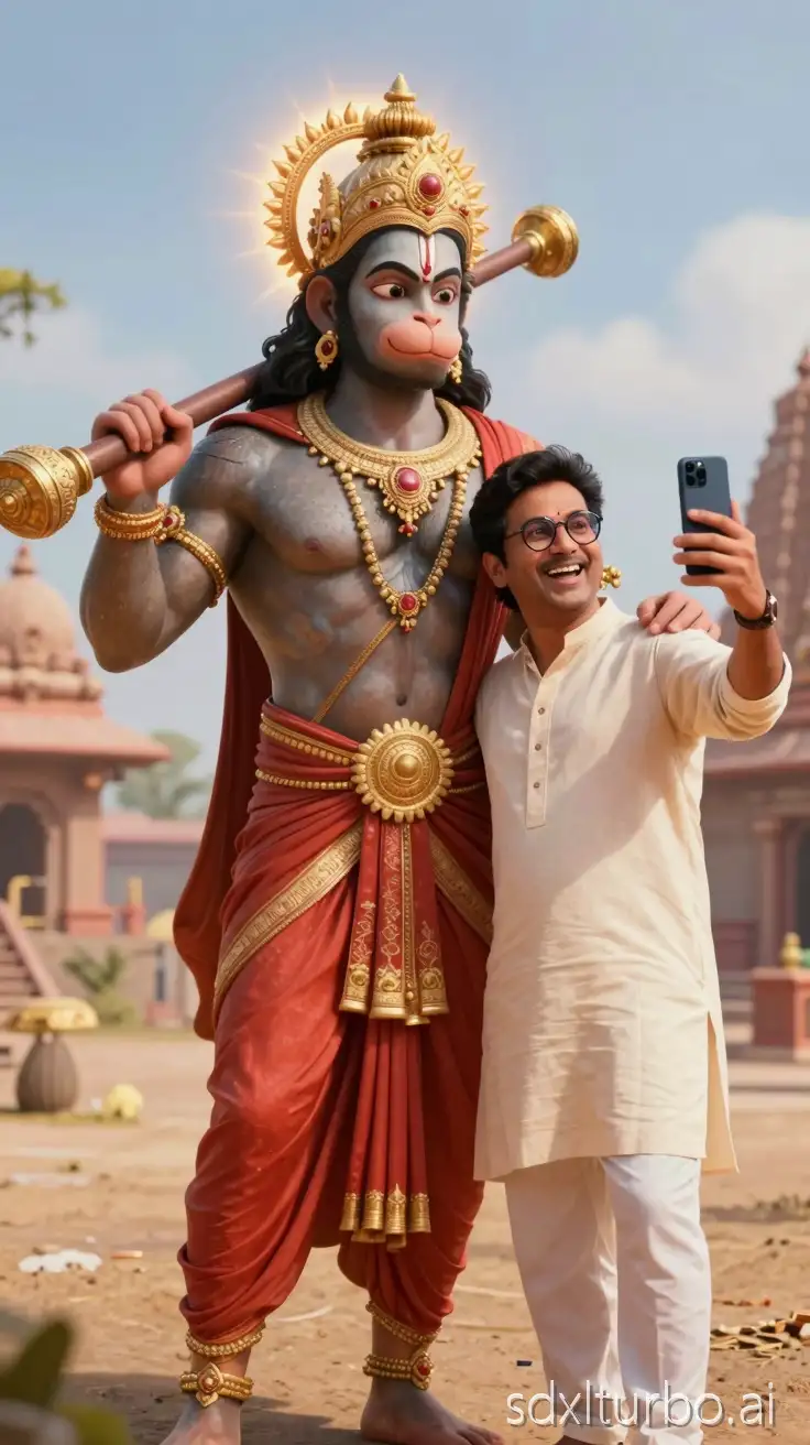 Ultra-realistic 3D cinematic scene, vertical 9:16 aspect ratio.
Lord Hanuman inspired by Indian mythological TV serial look (not exact actor likeness), tall muscular divine body, golden crown (mukut), sacred ornaments, red dhoti with golden embroidery, gada resting on shoulder, calm smiling expression, divine aura glow around him.
Beside Hanuman, a modern Indian middle-aged man in simple elegant traditional attire (cream or white kurta-pyjama), wearing glasses, holding a smartphone in his right hand, taking a cheerful selfie with Hanuman.
Both characters standing naturally, friendly and joyful mood, respectful devotional atmosphere mixed with light fun.
Background: open ancient Indian landscape, sandy ground, distant temple structures, soft blue sky, warm sunlight.
Lighting: cinematic soft daylight, realistic skin texture, detailed fabric, ultra-HD textures, depth of field, sharp focus.
Style: hyper-realistic 3D animation, cinematic framing, devotional yet entertaining, high realism, Pixar + mythological realism blend.
Camera angle: slightly low angle, selfie perspective visible, natural human proportions.
Quality: 8K render, ultra-detailed, realistic shadows, professional VFX look.