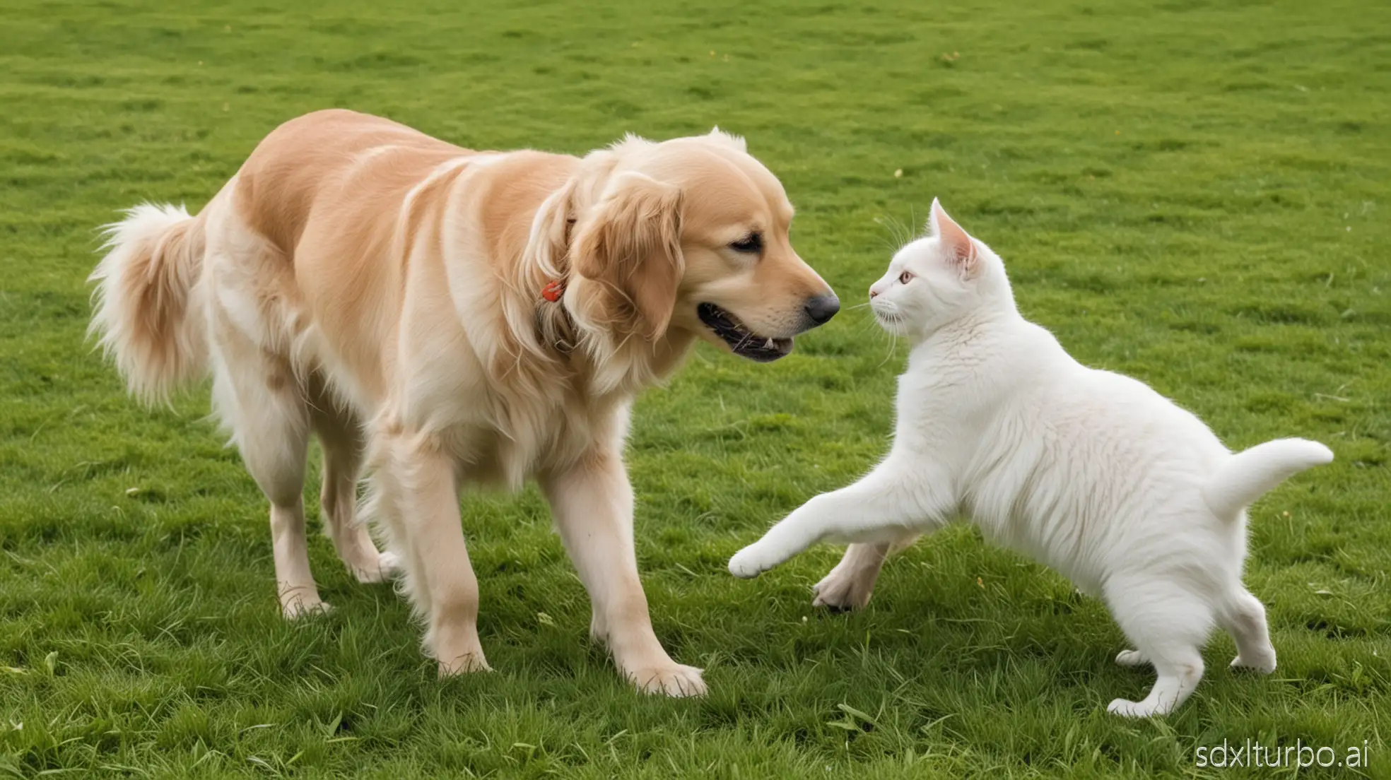 A golden retriever and a white cat playing on the grass