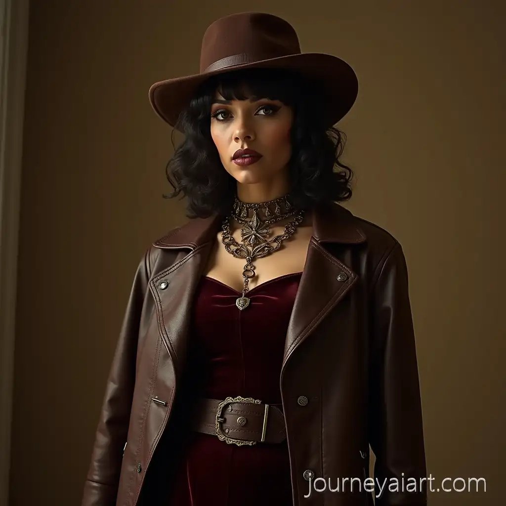 Diverse-Model-in-Gothic-1970s-Vintage-Brown-Velvet-Dress-and-Leather-Coat-Photoshoot