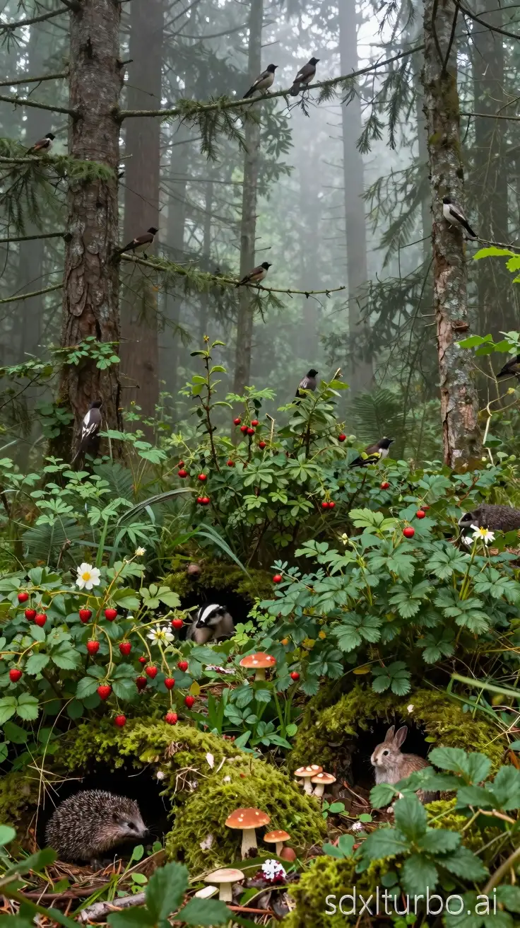 Wide panorama. Ancient forest, dense thickets, foggy mist envelops the forest, around on the trees sit various forest birds and chatter on the branches among green foliage, in the thickets small forest animals are visible: hedgehog, badger, rabbits and they are hiding and conceal themselves in the dense forest foliage and in small shrubs, everywhere there are bushes with strawberries, wild rose hips berries, mushrooms grow in moss, small burrows are visible under logs in moss. Style photo realism, hyperrealism. High detail.