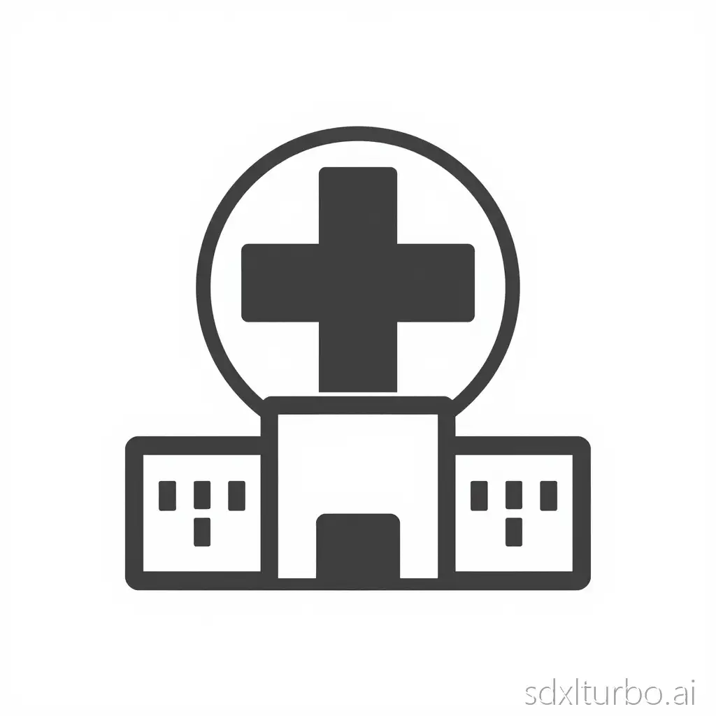 Hospital symbol, abstract 2D style, white background, with stylized image elements featuring a cross medical logo and building silhouette, circular rectangle, simple lines with top curved texture, minimalist composition
