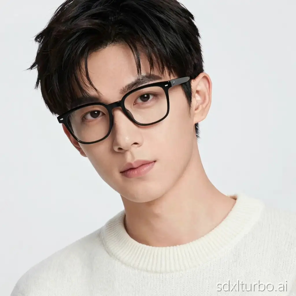 Help me generate a handsome 25-year-old Chinese male, must be handsome, and wearing black glasses handsome lines clear ultra-high definition high-end feel highest quality正面图 clear skin delicate rendering wearing white sweater
