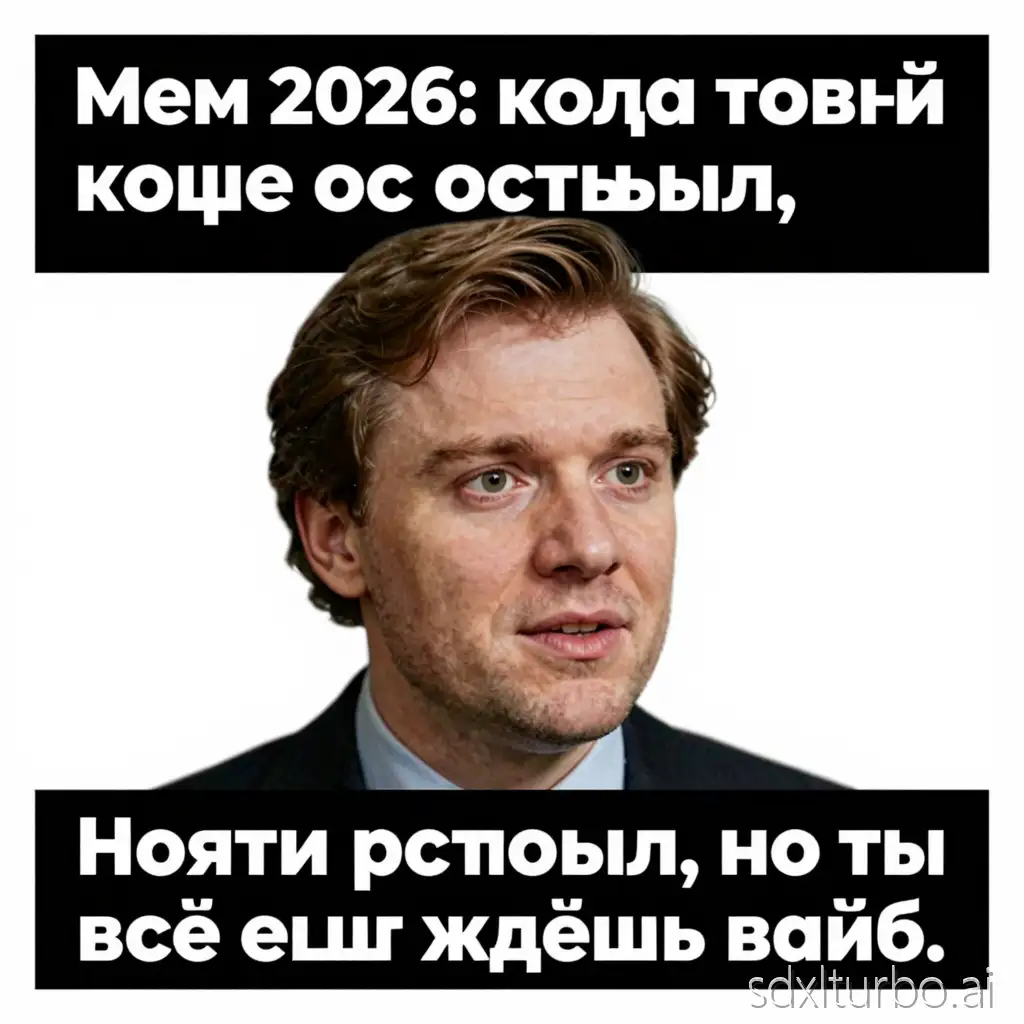 Russian internet meme style, funny, cartoonish, Soviet poster aesthetic,      text: "Мем 2026: когда твой кофе остыл, но ты всё ещё ждёшь вайб.", bold white text on black background,      meme template: Change My Mind, exaggerated facial expressions,      2000x1000px, high contrast, no watermark, no logo