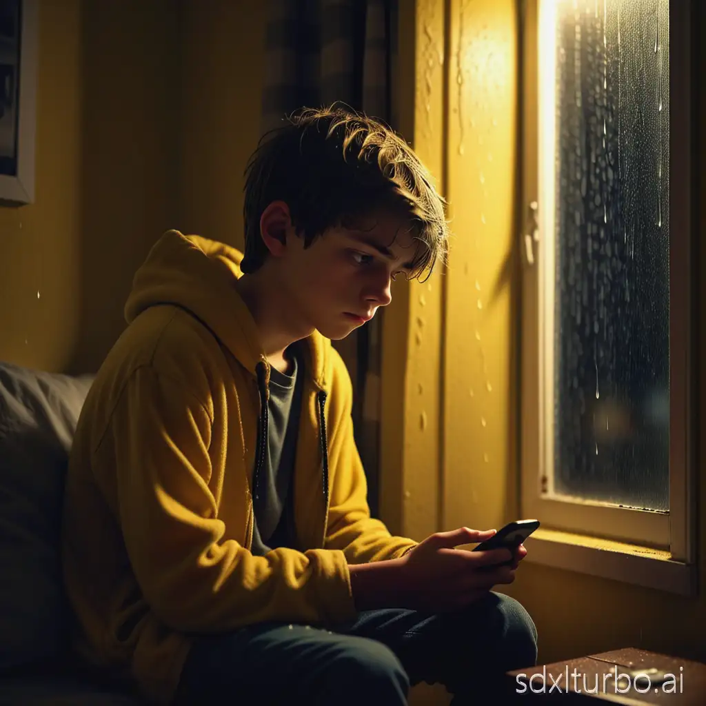 A lonely teenage boy sitting in a small room at night, dim yellow light, phone in his hand, sad eyes, rain sound outside window, emotional cinematic mood, slow camera zoom, ultra realistic, soft shadows