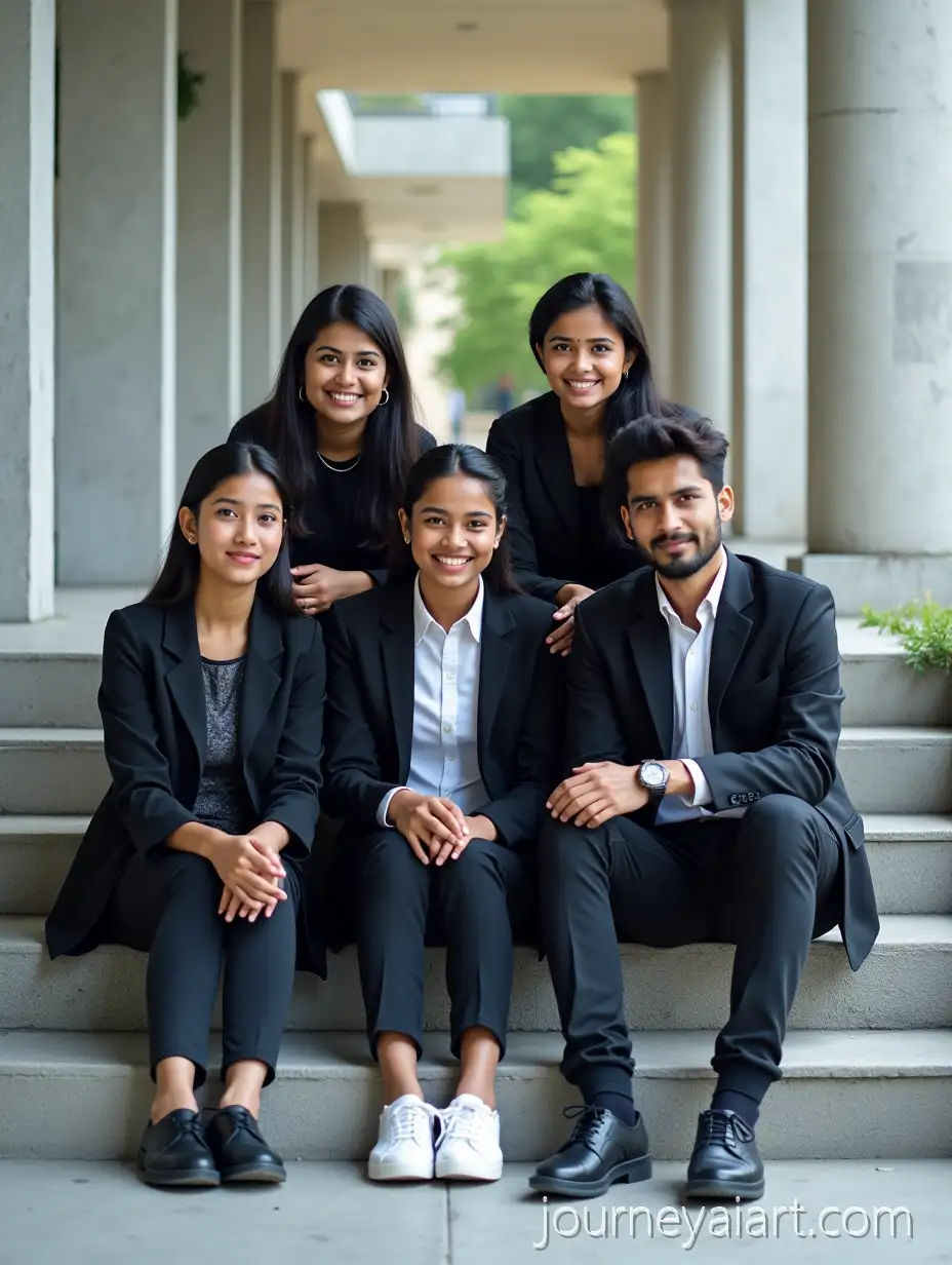 Group-ofNepali-College-Students-Portrait-Nepali-College-Students-on-Campus-Stairs-in-Stylish-Formal-Outfits