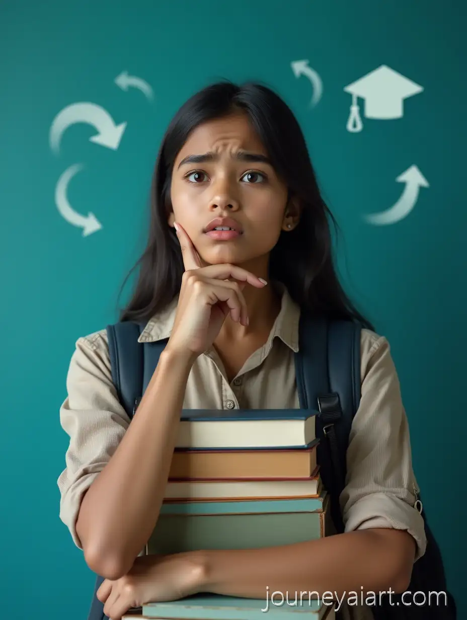 Confused-Indian-School-Girl-Holding-Books-with-Thoughtful-Expression-in-Teal-Background