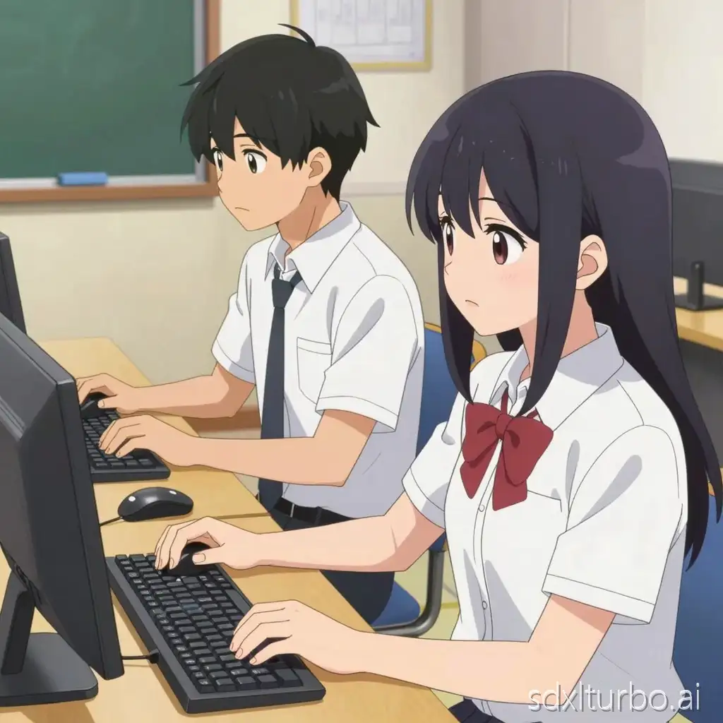 Draw a萌えanime about a male high school student who loves games and a female high school student who sits next to him and also loves games, during their youthful gaming days