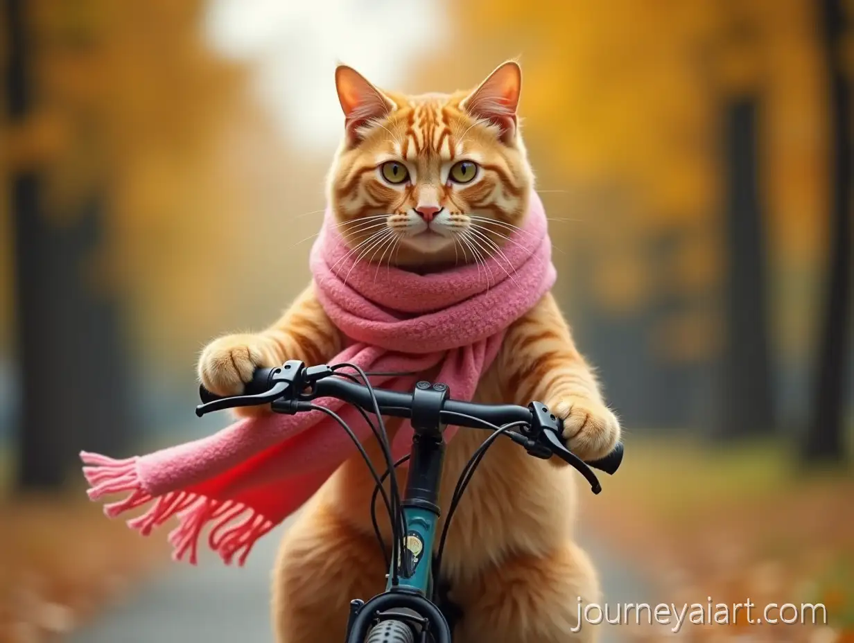 Orange-Cat-Riding-a-Bicycle-in-a-Park-During-Autumn-with-a-Pink-Scarf