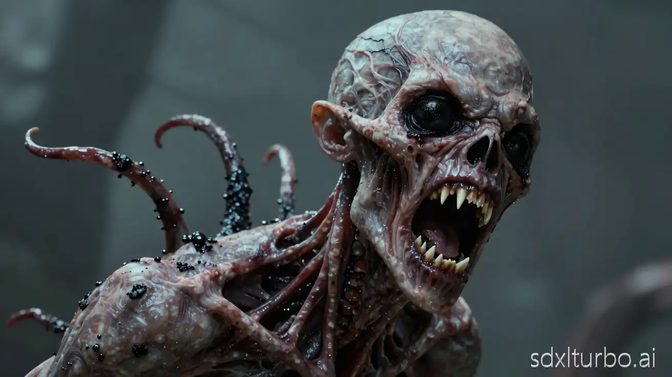 realistic horror creature, pale skin, gaping mouth with sharp teeth, empty black eyes, carbonized tendrils, emerging from spine, cinematic lighting, AAA videogame concept art, detailed textures, unsettling but grounded in biology