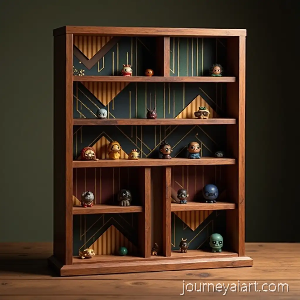 Elegant-FantasyInspiredWooden-display-shelf-design-Wooden-Display-Shelf-with-Geometric-Patterns-and-Golden-Figurine
