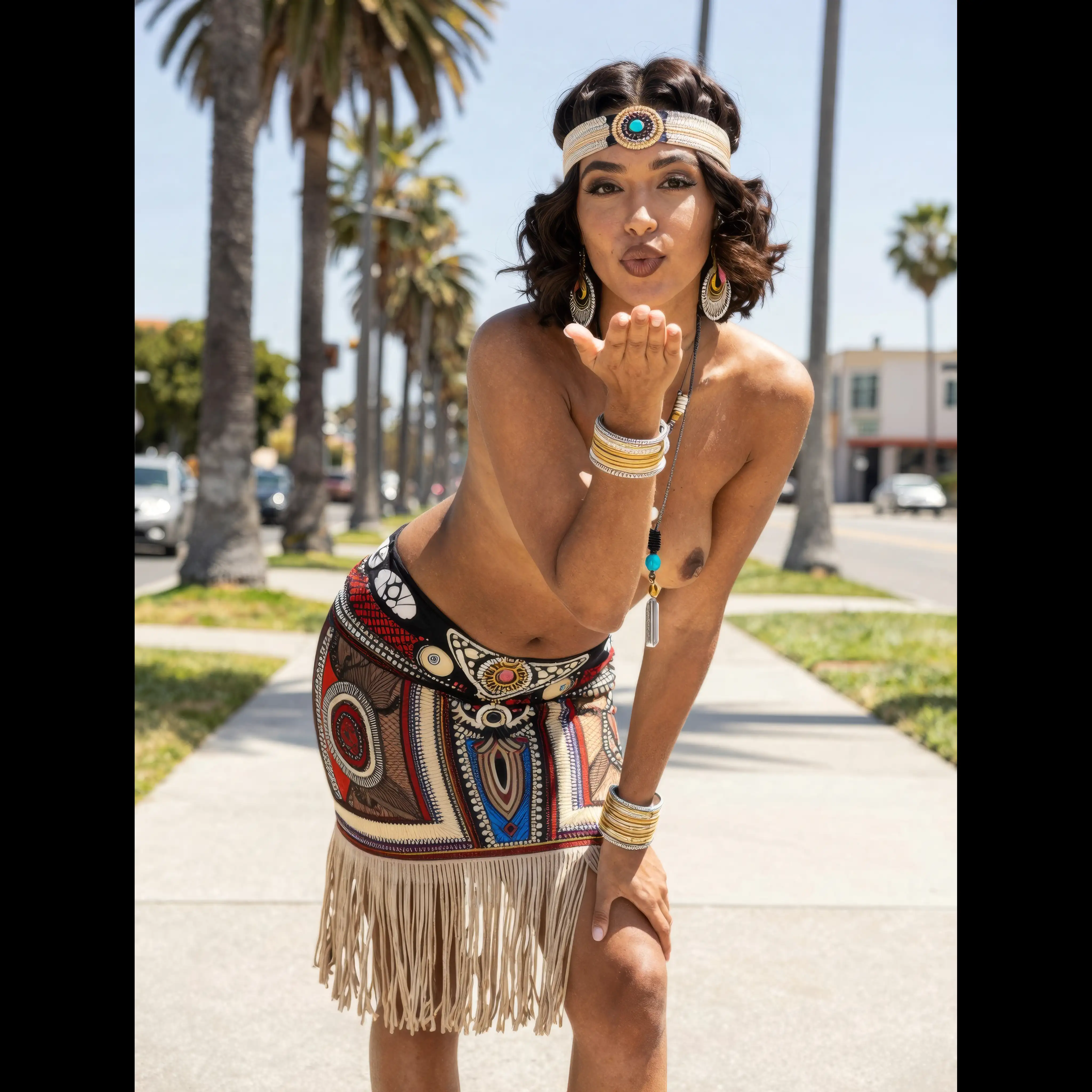 a topless tanned mixed race girl in her late-twenties of 60%Latin-American, 35%Nordic and 5%African origins, in her mid-twenties with dark-brunette 1920's Art-Deco haircut with headband, make-up, brown eyes and big earrings, her skin has medium-brown skin tone and medium-sized breasts and hips, she only wearing knee-long skirts(navel and nipples visible) with Art-Deco+Native-American ornamentation and frills, Native-American necklace and bracelets, sandals, she bends her knees and kisses the camera in a L.A boulevard with palm trees in the background