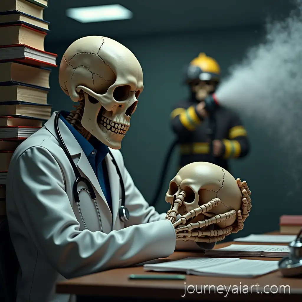 Exhausted-Skeleton-Doctor-Overwhelmed-by-Medical-Books-with-Active-Firefighter-Skeleton-in-Background