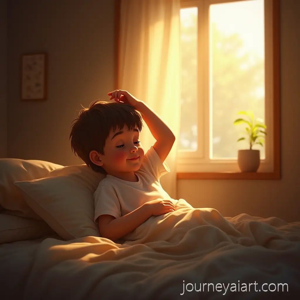 Boy-Waking-Up-in-Cozy-Room-with-Soft-Morning-Light