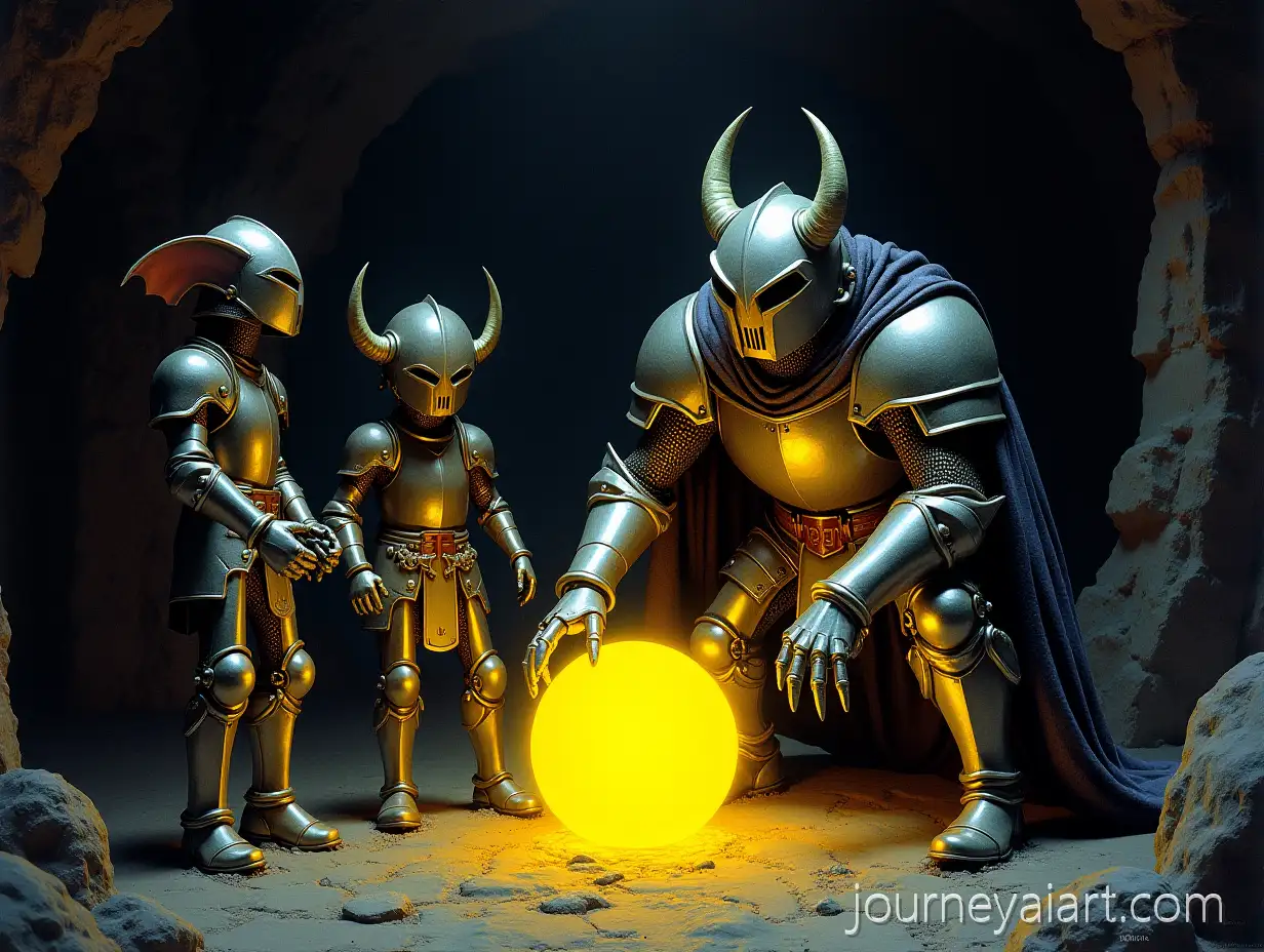 90s-Dark-Fantasy-Gremlin-Knights-with-Yellow-Magic-Ball-in-Cave-Room