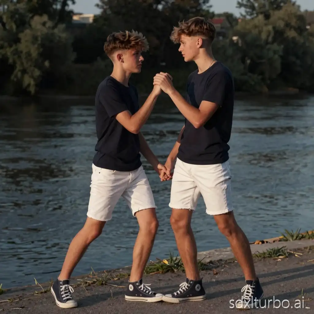 dynamic-angle full-body documentary shot, two 15yo short slim French lonely boys in love, beautiful face, layered bowl hair with fade, dark t-shirt, super-skinny white denim shorts, dark converse, ((holding each other's hands, looking into each other's eyes)), in riverside, dynamic pose, dawn light, dark background, hair light, low lighting, depth of field, best quality, 8k