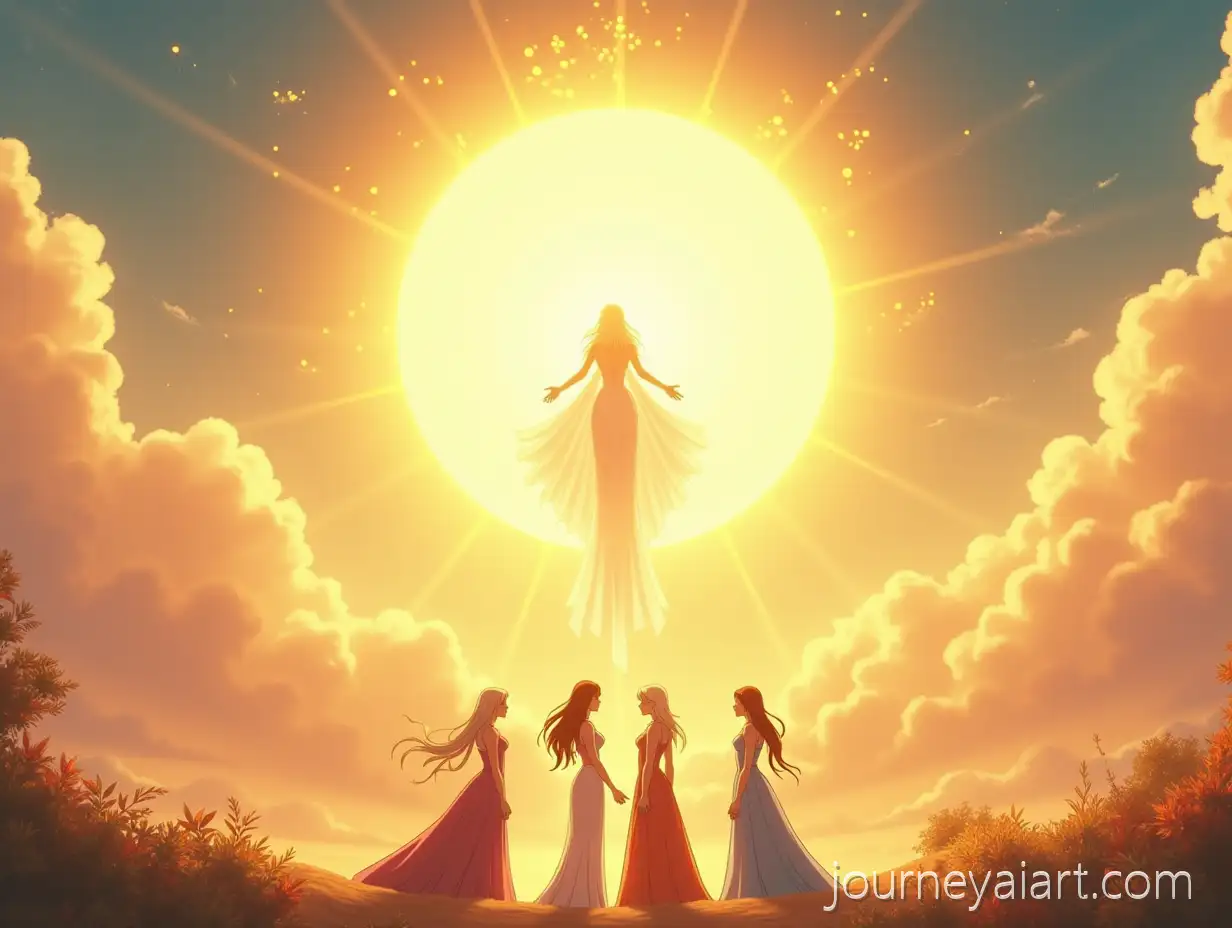 Four-Queens-Representing-the-Seasons-Beneath-a-Bright-Sun-Goddess-in-Cinematic-Anime-Style